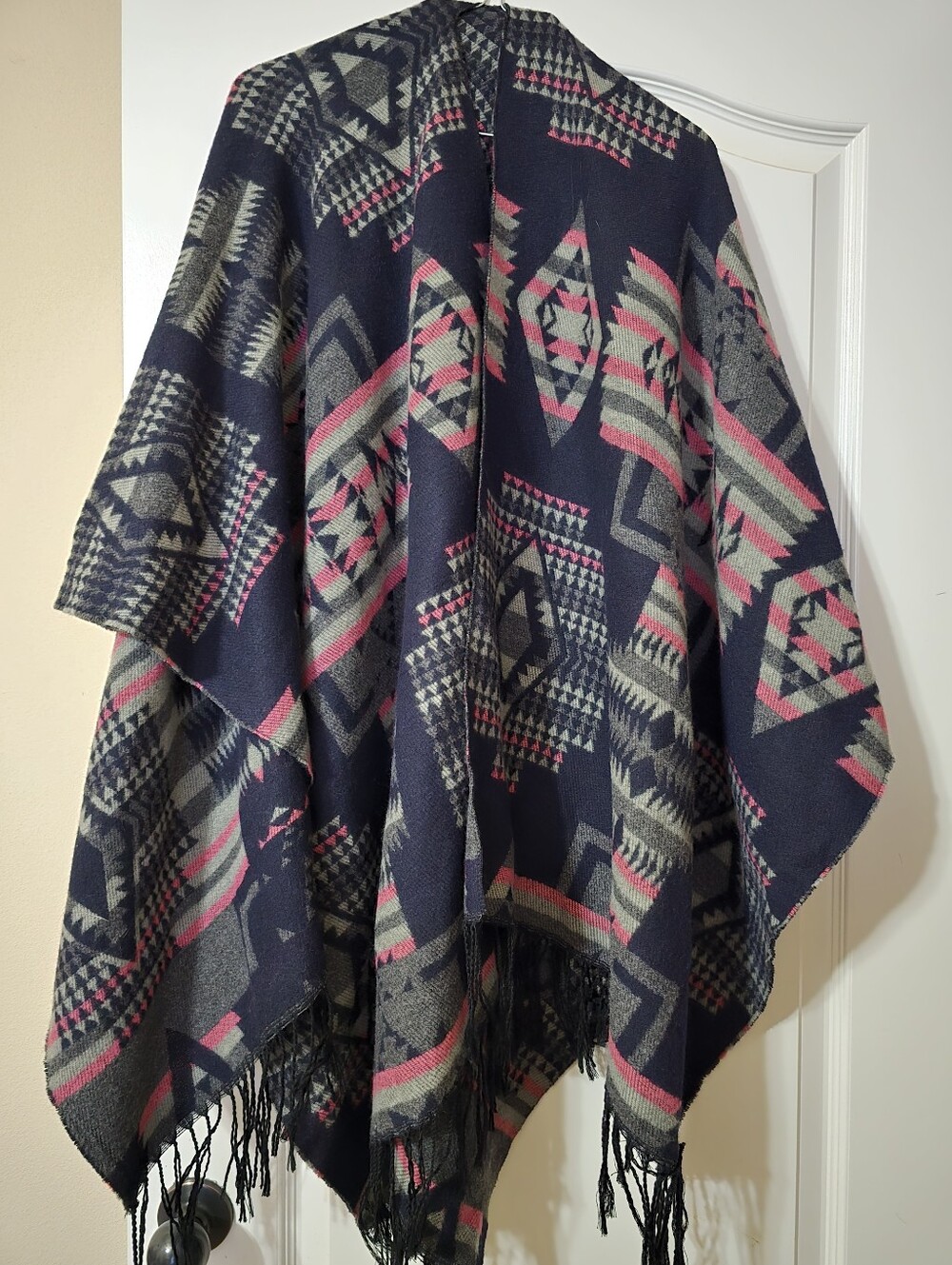 Navy Geometric Fringe Poncho Wrap with Pink & Gray Accents
